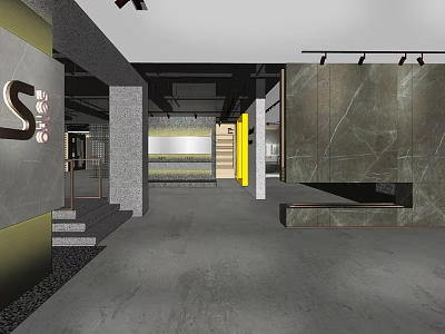 Modern Luxury Commercial Space Entrance With Marble Wall Gray Floor And Yellow Door Signage 3d model