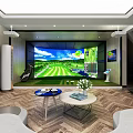 Modern Entertainment Room Interior With Gym Equipment Sofa Coffee Table And Grass Putting Green
