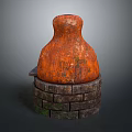 Vintage Orange Rusted Weathered Structure With Brick Base And Textured Surface