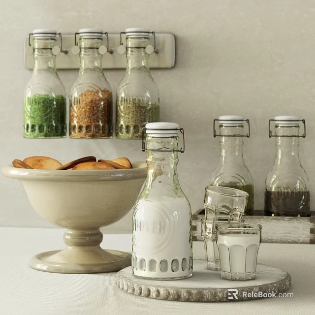 Glass Spice Jars With Various Spices On Kitchen Countertop Alongside Bowl And Glass Cups 3d model 