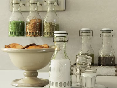 Glass Spice Jars With Various Spices On Kitchen Countertop Alongside Bowl And Glass Cups 3d model