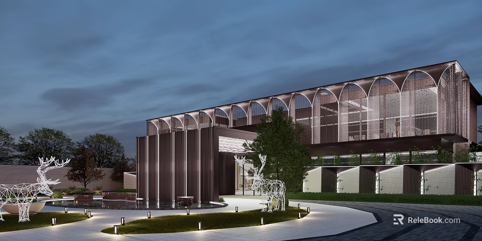 Modern Sales Office Building Exterior With Arched Facade Glass Curtain Wall And Landscaped Courtyard 3d model 