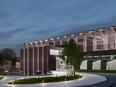Modern Sales Office Building Exterior With Arched Facade Glass Curtain Wall And Landscaped Courtyard 3d model