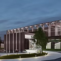 Modern Sales Office Building Exterior With Arched Facade Glass Curtain Wall And Landscaped Courtyard