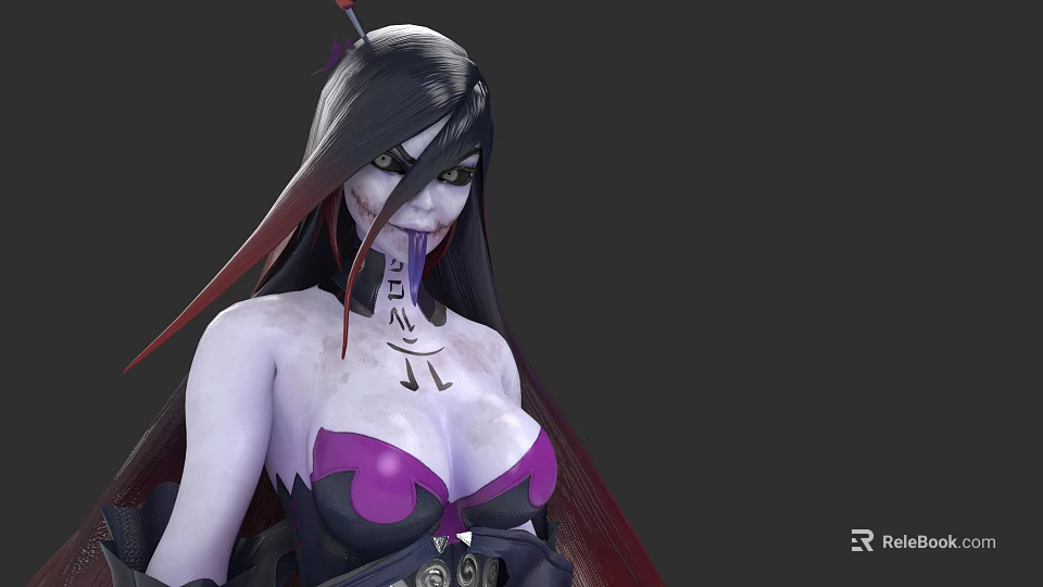 Dark Fantasy Character Creature With Long Black Hair Red Adornments Purple Skin And Chest Markings 3d model 