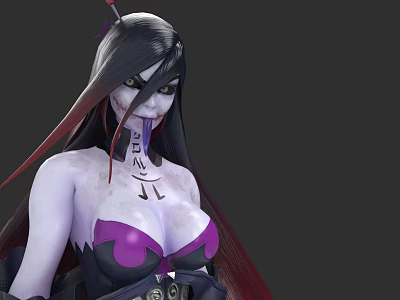 Dark Fantasy Character Creature With Long Black Hair Red Adornments Purple Skin And Chest Markings 3d model