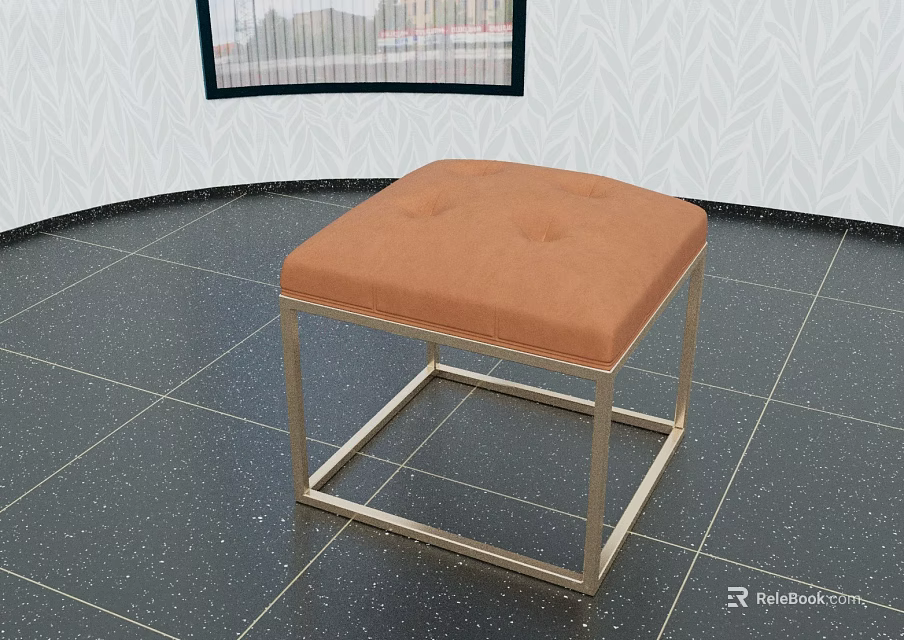 Stylish Square Ottoman With Orange Upholstered Cushion And Gold Metal Frame Design 3d model 