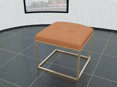 Stylish Square Ottoman With Orange Upholstered Cushion And Gold Metal Frame Design 3d model