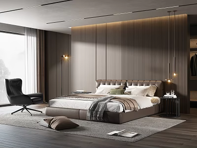 Modern Double Bed Interior With Wooden Headboard Nightstand Area Rug And Accent Chair 3d model