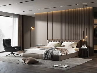 Minotti Home Bedroom Leather Double Bed Fabric Double Bed Single Chair 3d model