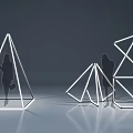 Modern Art Installation With Geometric Frames Neon Lines And Human Silhouettes On Reflective Floor