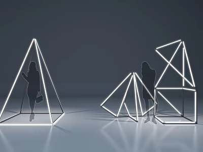 Modern Art Installation With Geometric Frames Neon Lines And Human Silhouettes On Reflective Floor 3d model
