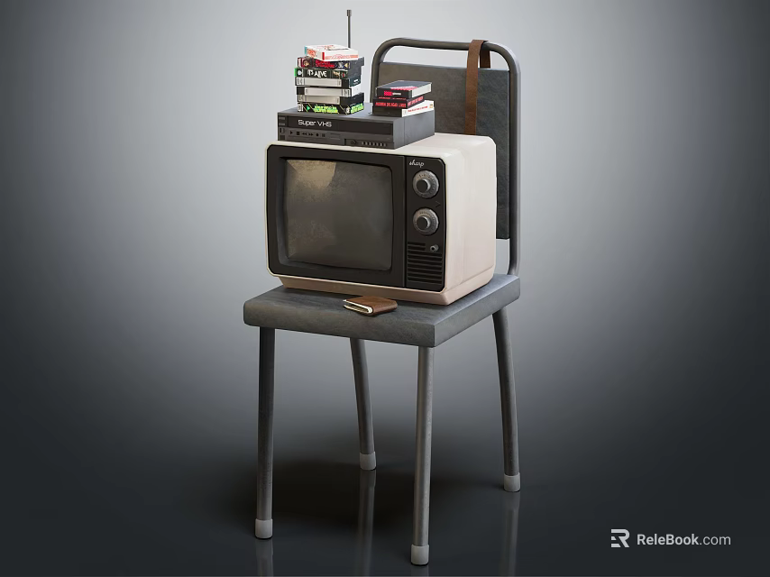 Vintage Television Placed On Metal Chair With Stacked Items On Top 3d model 
