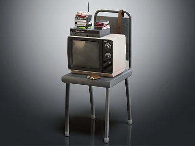 Vintage Television Placed On Metal Chair With Stacked Items On Top 3d model