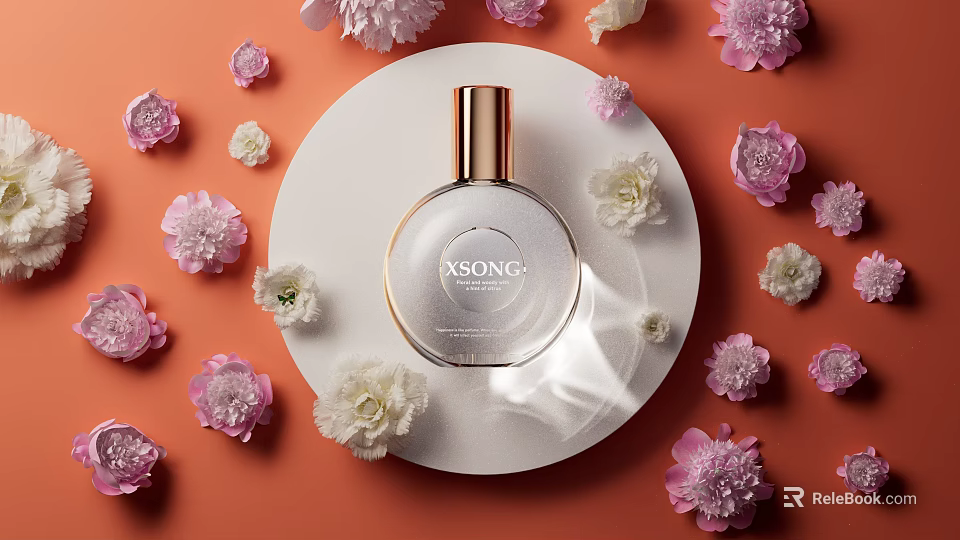 Perfume Bottle Surrounded by Pink and White Flowers on Orange Backdrop Circular White Tray 3d model 