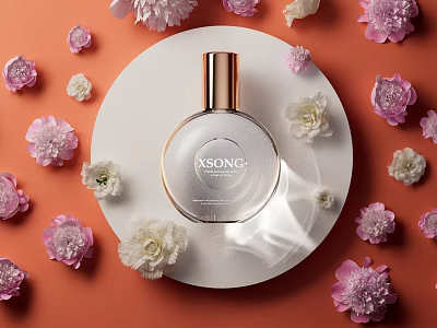Perfume Bottle Surrounded by Pink and White Flowers on Orange Backdrop Circular White Tray 3d model