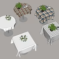 Reception Desks With Plaid And Solid Color Tablecloths And Plant Decorations 3d model