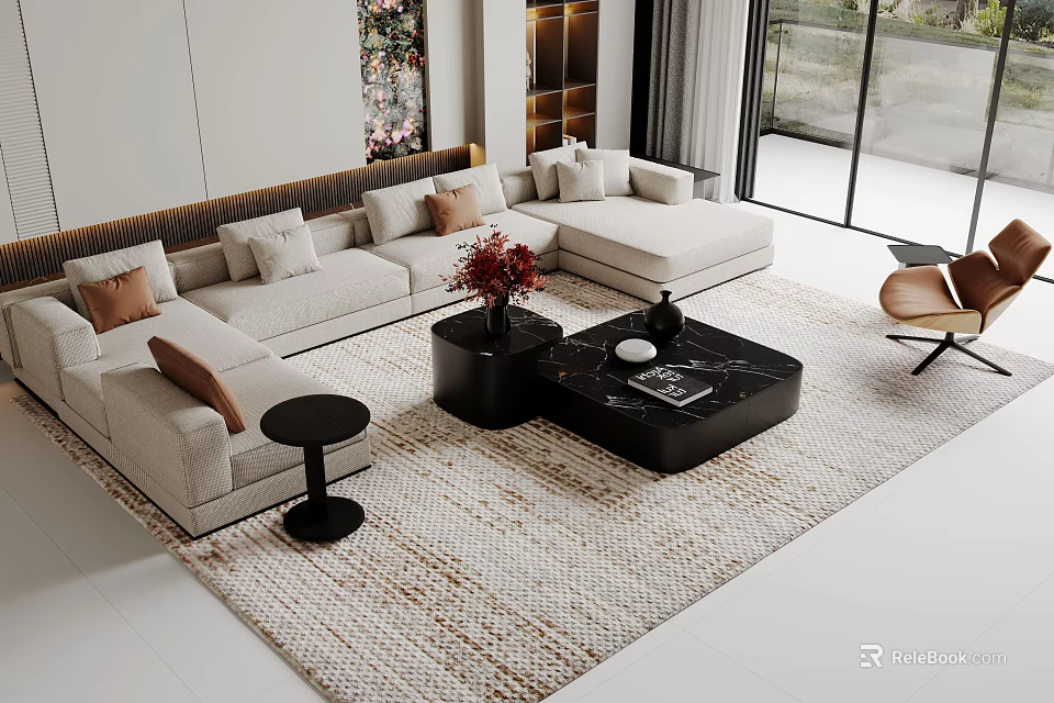 Bright Modern Living Room Sofa and Coffee Table Set with Marble Top and Minimalist Design 3d model 