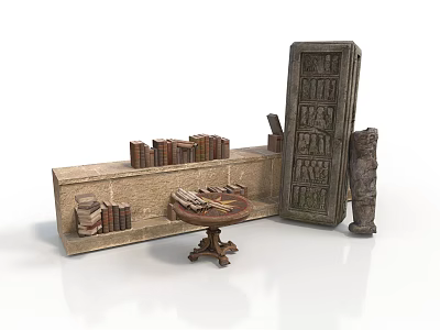 Vintage Interior Display With Long Shelf Books Round Table Tall Lattice Cabinet And Statue 3d model