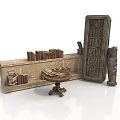 Vintage Interior Display With Long Shelf Books Round Table Tall Lattice Cabinet And Statue