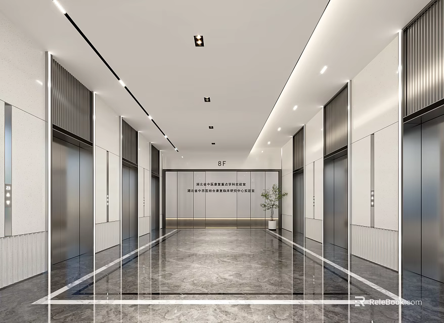 Modern Elevator Lobby Interior With Marble Floor Recessed Lighting And Greenery 3d model 