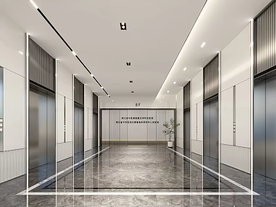 Modern Elevator Lobby Interior With Marble Floor Recessed Lighting And Greenery 3d model