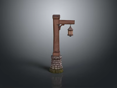 Wooden Lamp Post Structure With Stone Brick Base And Hanging Lantern 3d model