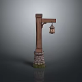 Wooden Lamp Post Structure With Stone Brick Base And Hanging Lantern 3d model
