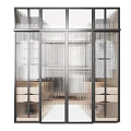 Modern Walk-in Closet Interior With Transparent Curtains Hanging Clothes Bags And Shoes