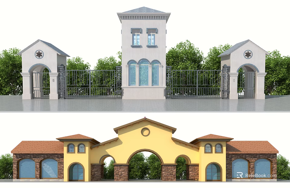 Elegant Entrance Gate Design Featuring White Tower Iron Fence Yellow Arched Doorway And Red Roof 3d model 