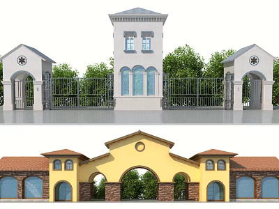 Elegant Entrance Gate Design Featuring White Tower Iron Fence Yellow Arched Doorway And Red Roof 3d model