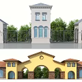 Elegant Entrance Gate Design Featuring White Tower Iron Fence Yellow Arched Doorway And Red Roof