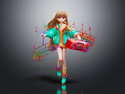 Vibrant Game Character With Long Brown Hair Green Jacket Red Radio And Colorful Music Notes 3d model
