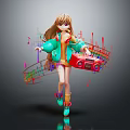 Vibrant Game Character With Long Brown Hair Green Jacket Red Radio And Colorful Music Notes
