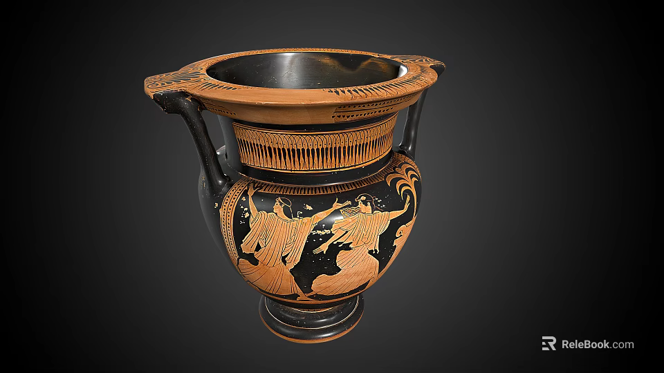 Ancient Greek Ceramic Amphora with Figural Designs Black and Orange Glaze Two Handles Base 3d model 
