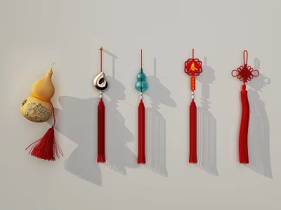 Chinese Hanging Decorations Featuring Gourd Yin Yang Symbol Fu Character And Red Tassels 3d model