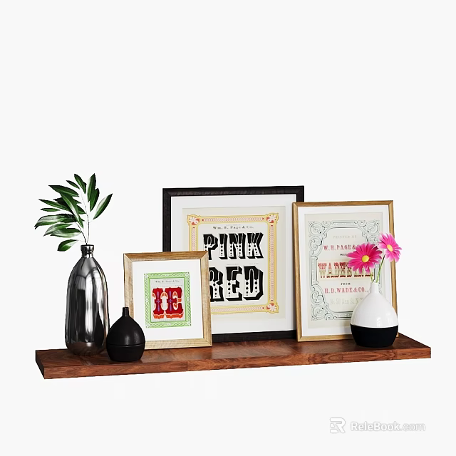 Decorative Ornaments Set With Wooden Shelf Framed Artworks Vases Pink Flower And Green Leaves 3d model 