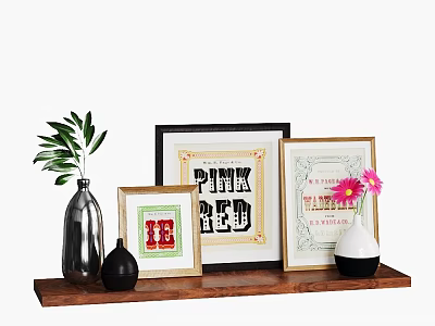 Decorative Ornaments Set With Wooden Shelf Framed Artworks Vases Pink Flower And Green Leaves 3d model