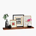 Decorative Ornaments Set With Wooden Shelf Framed Artworks Vases Pink Flower And Green Leaves
