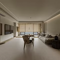 Open Layout Modern Living and Dining Room Interior With Beige Sofa TV Wooden Furniture Blinds