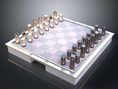 Elegant Chessboard With Checkerboard Surface And Silver Gold Pieces On Metallic Frame 3d model