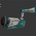Teal Mechanical Device Components With Horn Shaped Top Colorful Stripes And Square Base