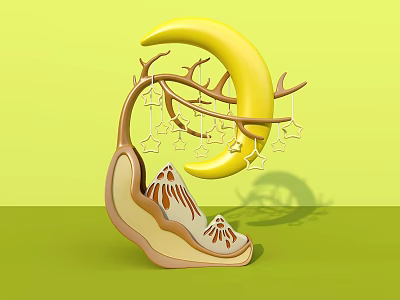 Yellow Moon Themed Photo Check In Spot With Branches Star Decorations And Mountain Base 3d model