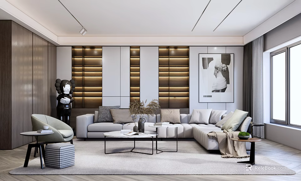 Modern Living Room Interior With Beige Sofa Gray Pillows Decorative Painting And Wooden Wall 3d model 