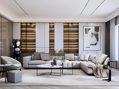 Modern Living Room Interior With Beige Sofa Gray Pillows Decorative Painting And Wooden Wall 3d model