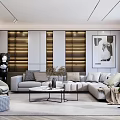Modern Living Room Interior With Beige Sofa Gray Pillows Decorative Painting And Wooden Wall