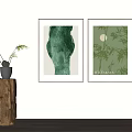 Two Green Botanical Wall Art Prints With Bamboo Moon And Potted Plant On Wooden Stump 3d model