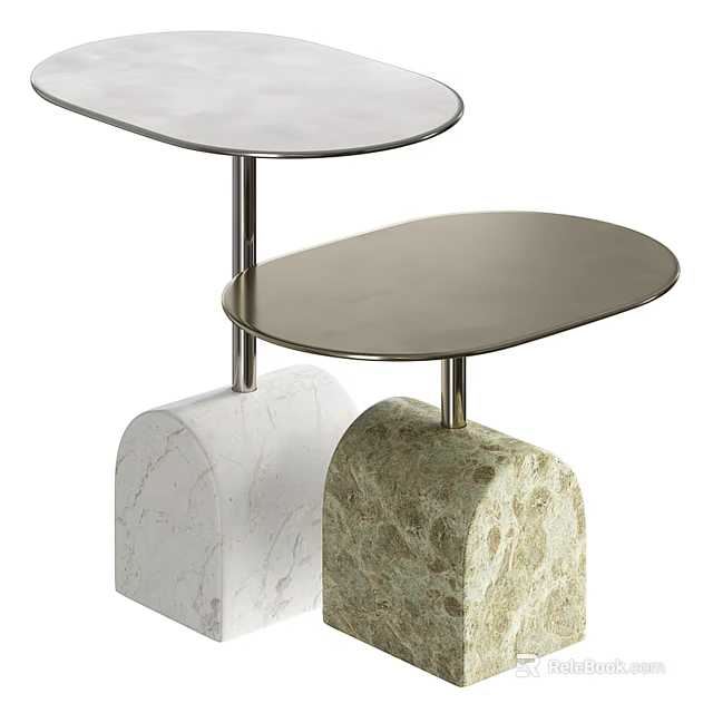 Modern Minimalist Side Tables With Oval Metal Top And White Green Marble Base 3d model 