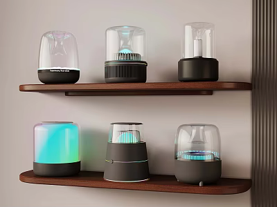 Six Different Designed Smart Devices With Transparent Covers And Colorful Lights On Wooden Shelves 3d model