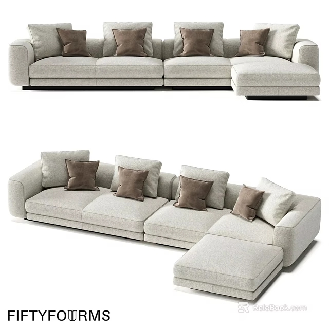 Light Colored Modern Two Seater Sofa With Brown Cushions And Chaise Lounge 3d model 